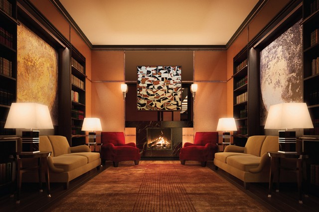 a lobby library with fireplace is also provided
