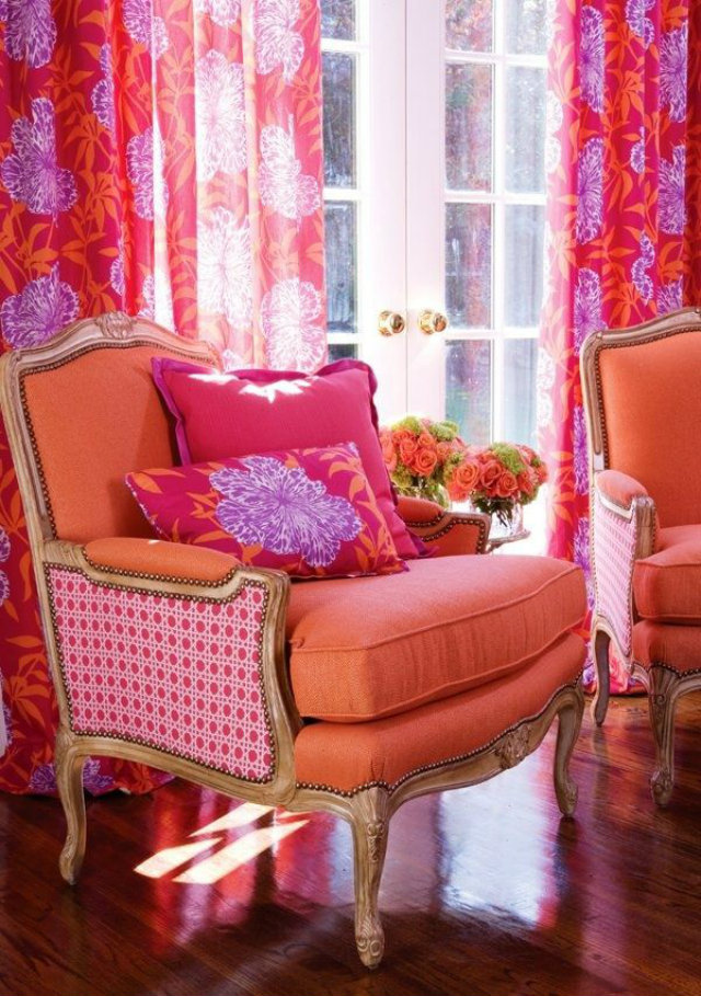 Mix Your Fabrics with No fear colours and patterns Mix Your Fabrics, Colours and Patterns with No Fear Mixed Fabrics Birght Orange Hot Pink Armchair Flower Pillow