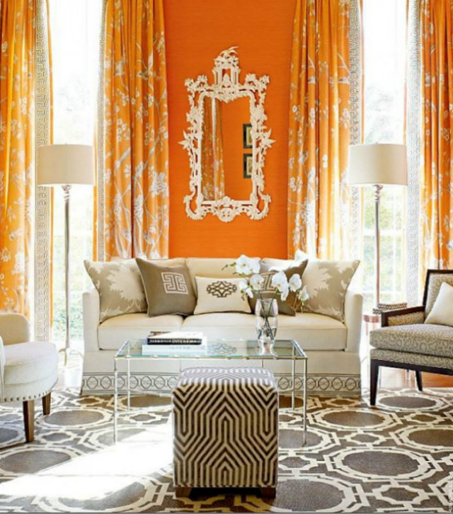 colours and patterns Mix Your Fabrics, Colours and Patterns with No Fear Mixed Fabrics Orange walls cream couch beige pillows