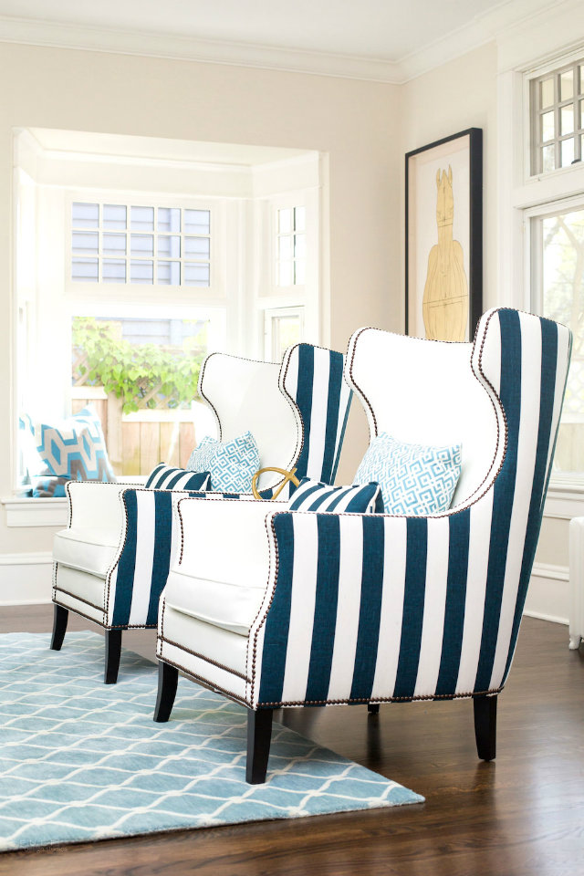 colours and patterns Mix Your Fabrics, Colours and Patterns with No Fear Mixed Fabrics White inside striped blue and white outside armchair