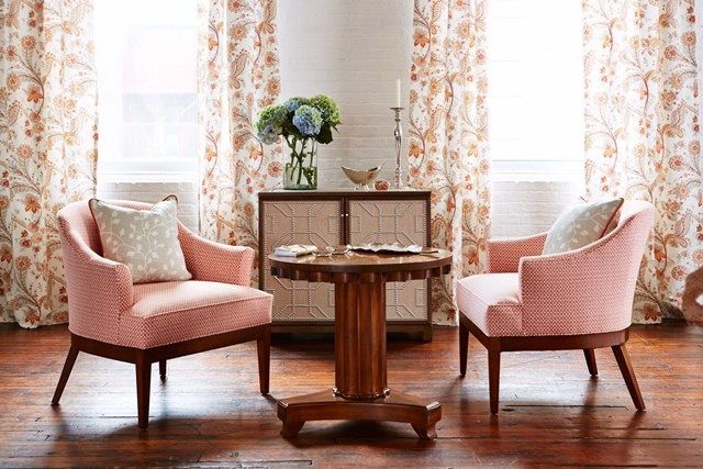 colours and patterns Mix Your Fabrics, Colours and Patterns with No Fear Pink Chairs flower curtians round coffee table