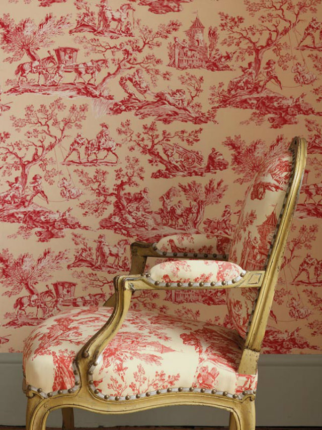 Classic vs. Modern Looks: the Toile de Jouy Revisited toile de jouy Classic vs. Modern Looks: the Toile de Jouy Revisited Toie de jouy white red chair wooden frame