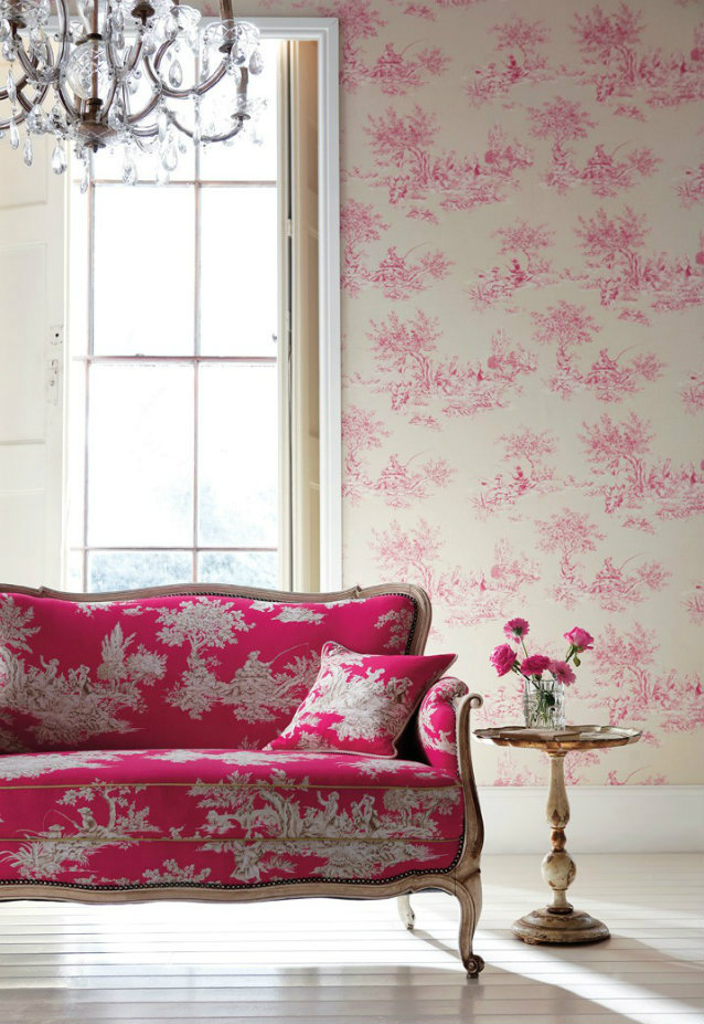 Classic vs. Modern Looks. Toile de Jouy Revisited toile de jouy Classic vs. Modern Looks: the Toile de Jouy Revisited Toile de Jouy Hot Pink Sofa1