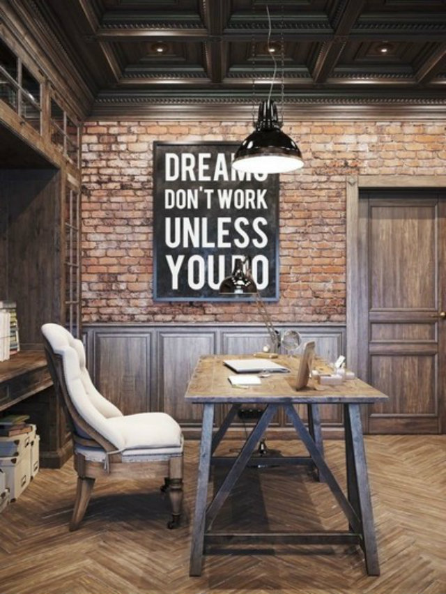 Mid century modern home office 12 mid century modern home office inspiration ideas raw bricks and industrial look with wooden chair office design1