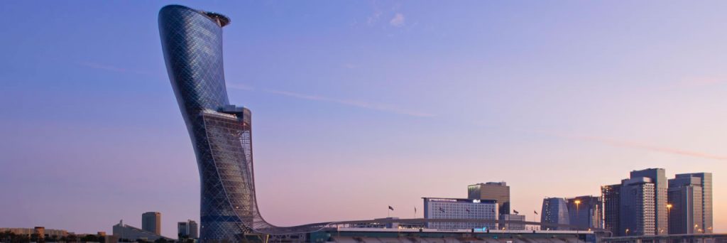 Outrageous Interiors In Outrageous Places That Will Surprise You interiors Outrageous Interiors In Outrageous Places That Will Surprise You Hyatt Capital Gate Abu Dhabi Exterior Skyline 1024x342