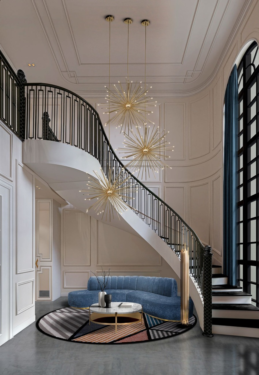 elegant hallway interiro design with blue sofa modern hallway decoration Modern Hallway Decoration for a Timeless and Fierce Design DL2