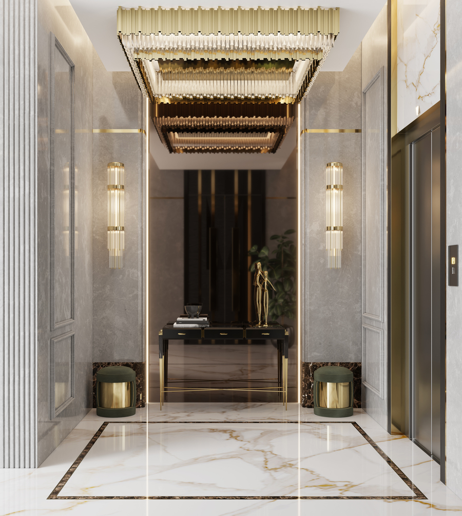 contemporary entryway design in golden and brown shades modern hallway decoration Modern Hallway Decoration for a Timeless and Fierce Design X5