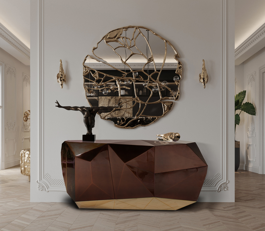 majestic hallway with green tones console and gold details hallways and entryways Hallways and Entryways: Modern, Fierce, Unique & Welcoming Ideas brown and gold hallway