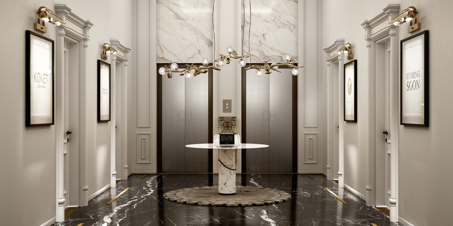 luxurious entryway design with dazzlight suspension light modern entryways Modern Entryways: Bring Nature into Your Home With Amazing Designs luxurious entryway with suspension light