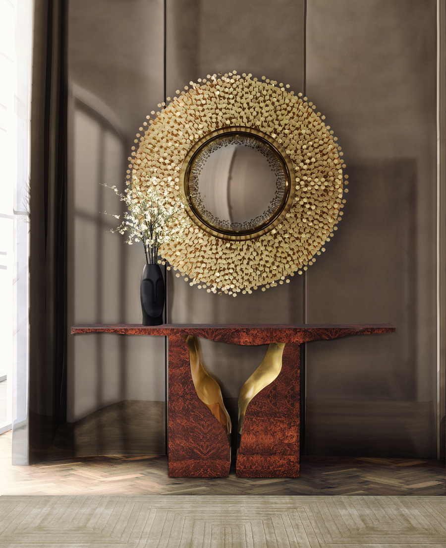 modern hallway with red tones console and gold detailed mirror hallways and entryways Hallways and Entryways: Modern, Fierce, Unique & Welcoming Ideas red and gold tones console