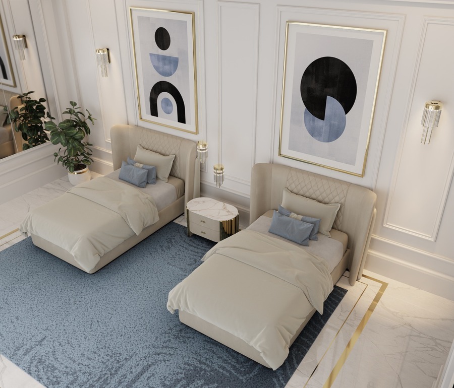 modern bedroom in nude and blue modern bedroom and closet design Modern Bedroom and Closet Design: Sophisticated & Timeless Modern Bedroom and Closet Design Sophisticated Timeless 33