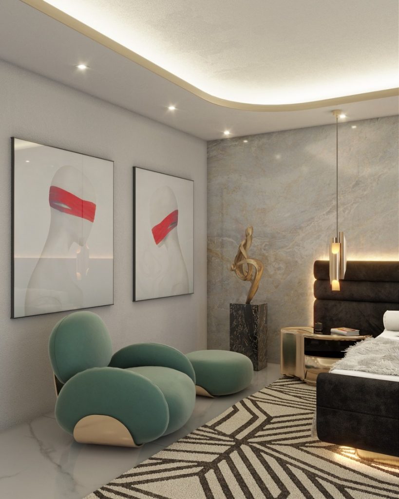 modern bedroom with ocean green armchair modern bedroom and closet design Modern Bedroom and Closet Design: Sophisticated & Timeless Modern Bedroom and Closet Design Sophisticated Timeless 819x1024