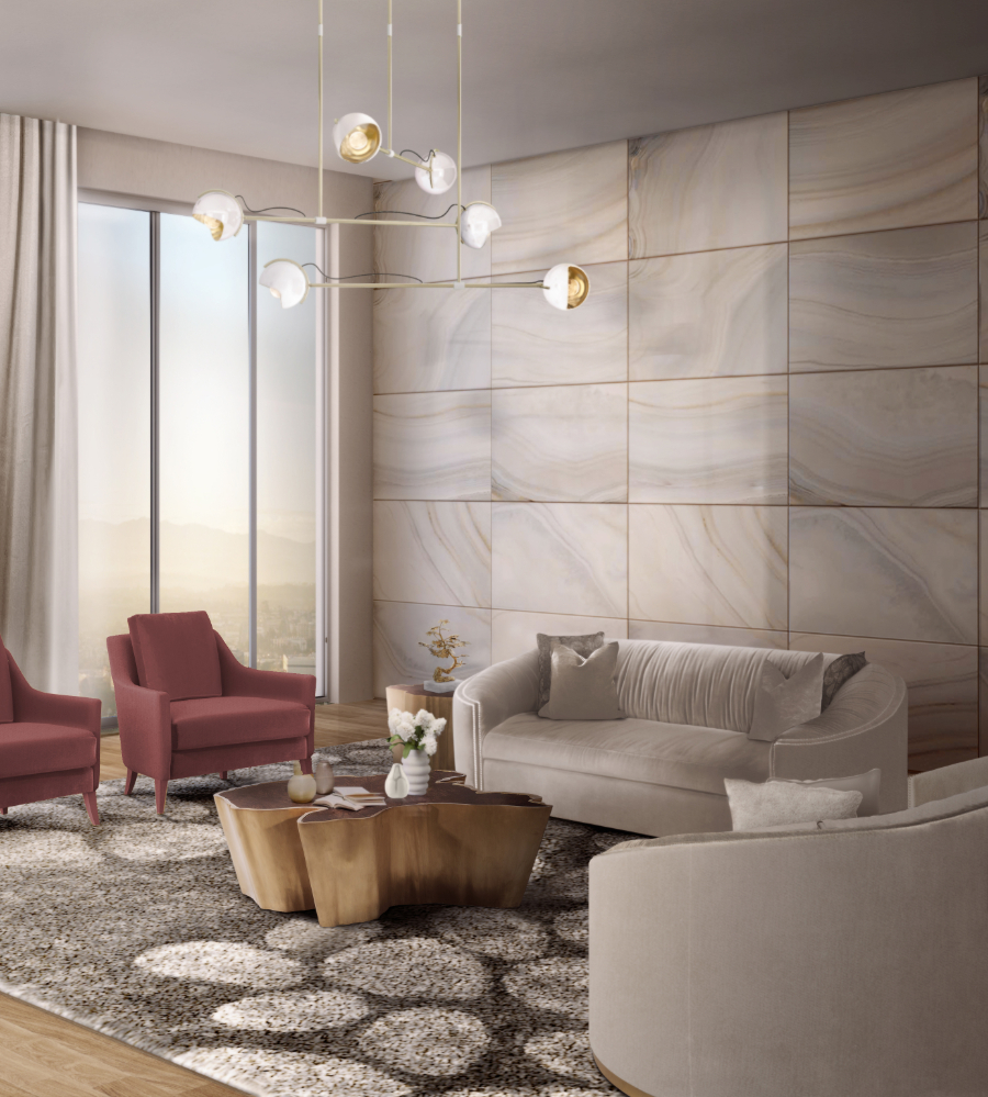 Pepe Calderin Design pepe calderin design Pepe Calderin Design: High-end Miami Modern Interior Design BRABBU LIVING ROOM INTERIOR DESIGN WITH COMO ARMCHAIR AND HORUS SUSPENSION LIGHT