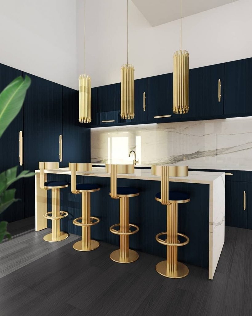 Dining Room and Kitchen Design Elegant, Modern & Practical Decor  gold brass counter stool dining room and kitchen design Dining Room and Kitchen Design: Elegant, Modern & Practical Decor Dining Room and Kitchen Design Elegant Modern Practical Decor 2 gold brass counter stool 819x1024