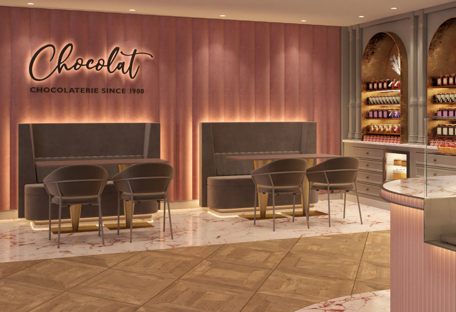 Chocolaterie in New York, Boston and Atlanta, decorated with shades of pink on the walls and beige chairs and sofas. kitzig design studios Kitzig Design Studios- From Germany to the World Interior Chocolaterie 03 1 1