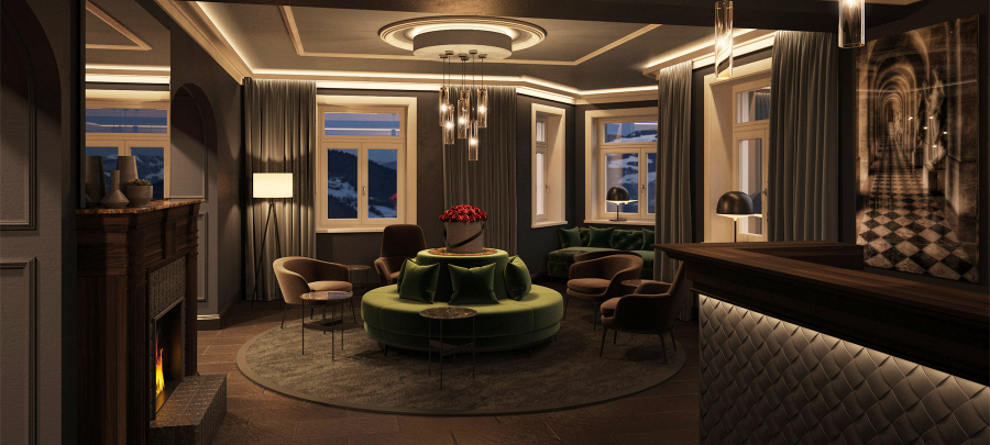 Lobby of the Erika Boutque hotel. On display we have a big green sofa with marrom chairs around it and fire place. kitzig design studios Kitzig Design Studios- From Germany to the World Interior INTERNET Hotel Erika 01 1