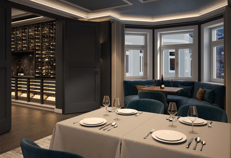 Restaurant of the Erika Hotel, we have dinning tables with elegant blue chairs and a blue sofa, as well as a wine cellar near.  kitzig design studios Kitzig Design Studios- From Germany to the World Interior INTERNET Hotel Erika 04 1