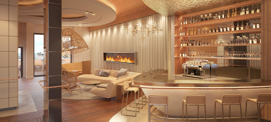 The Sea Hotel caffe uses the front of  a ship as it's balcony, it's decorated with neutral tones, it has a big white sofa with some pillows as well as other sitting areas. kitzig design studios Kitzig Design Studios- From Germany to the World Interior INTERNET Hotel Sea Hotel 01