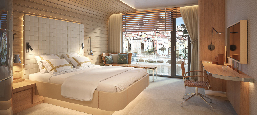 This Sea Hotel bedroom is facing the water, decorated with neutral tones, using a wood desk and a white bed frame . kitzig design studios Kitzig Design Studios- From Germany to the World Interior INTERNET Hotel Sea Hotel 03