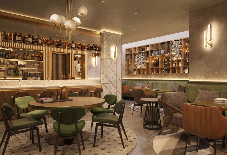 Bar/ Restaurant of a Hilton Hotel, featuring some dinning tables with green and orange chairs. kitzig design studios Kitzig Design Studios- From Germany to the World Interior Motto Hilton Hotel 04 1