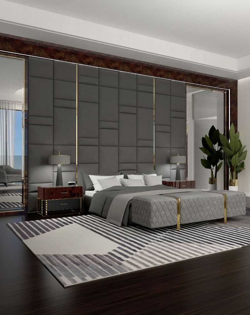 modern bedroom and closet design Modern Bedroom and Closet Design: Sophisticated & Timeless Modern Bedroom and Closet Design Sophisticated Timeless 11 grey velvet bench