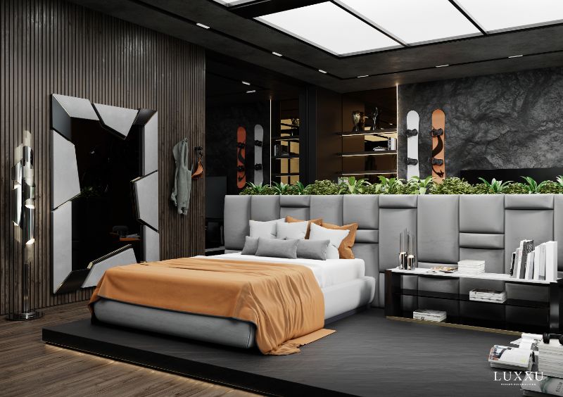 modern bedroom and closet design Modern Bedroom and Closet Design: Sophisticated & Timeless Modern Bedroom and Closet Design Sophisticated Timeless 2 grey velvet headboard 1