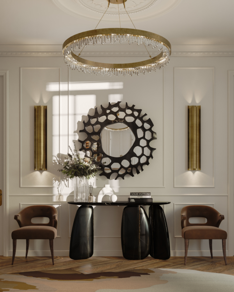 inspired by the look brabbu room by room  decoris Decoris Interior Design: Swiss Design Solutions Majestic Entryway with hand painted ARDARA II Console 2