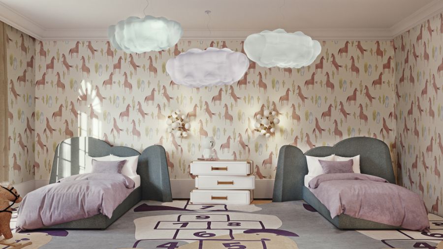 Children's Bedroom and Bathroom, neutral children's bedroom design, children bedroom, bedroom rug, white wall light, white nightstand, cloud suspension light children's bedroom and bathroom Children’s Bedroom and Bathroom: Uncover Wonderland Modern Design Childrens Bedroom and Bathroom Uncover Wonderland Modern Design 2