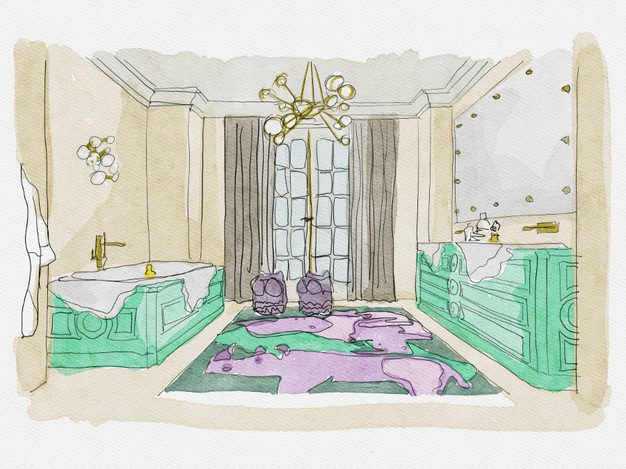 Children's Bedroom and Bathroom, children's bathroom design, green washbasin, green bathtub, bathroom rug, rectangular bathroom mirror, brass wall light, brass suspension light children's bedroom and bathroom Children’s Bedroom and Bathroom: Uncover Wonderland Modern Design Childrens Bedroom and Bathroom Uncover Wonderland Modern Design 4