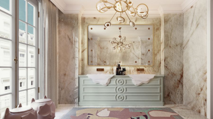 Children's Bedroom and Bathroom, children's bathroom design, green washbasin, green bathtub, bathroom rug, rectangular bathroom mirror, brass wall light, brass suspension light children's bedroom and bathroom Children’s Bedroom and Bathroom: Uncover Wonderland Modern Design Childrens Bedroom and Bathroom Uncover Wonderland Modern Design 5