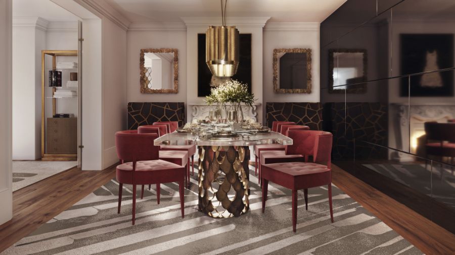 dorian dining room, red velvet dining chair, gold rectangular brass suspension light, black and white dining rug, brass rectangular mirror dorian dining room Dorian Dining Room: A Beautiful, Young & Timeless Design Inspiration Dorian Dining Room A Beautiful Young Timeless Design Inspiration 1