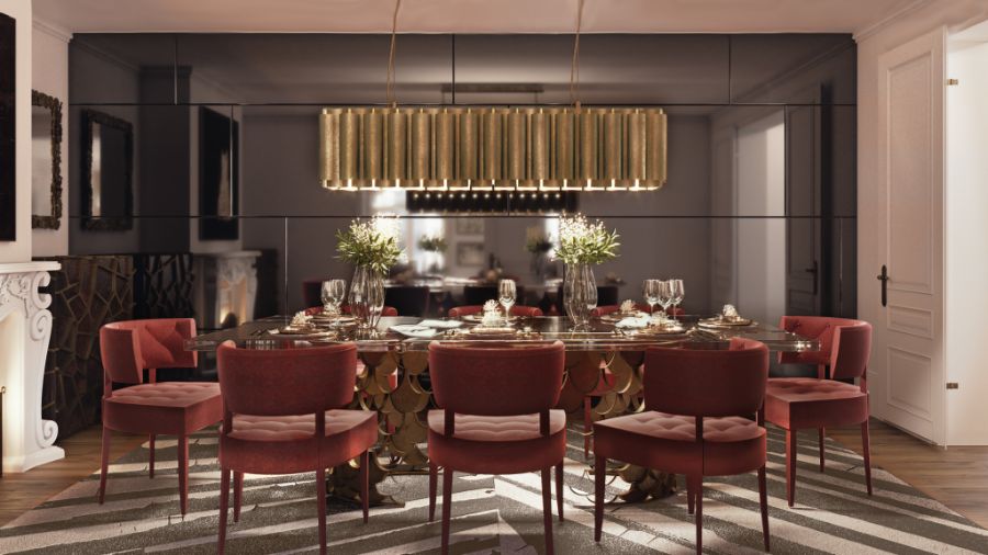 dorian dining room, red velvet dining chair, gold rectangular brass suspension light, black and white dining rug, brass rectangular mirror dorian dining room Dorian Dining Room: A Beautiful, Young & Timeless Design Inspiration Dorian Dining Room A Beautiful Young Timeless Design Inspiration 2