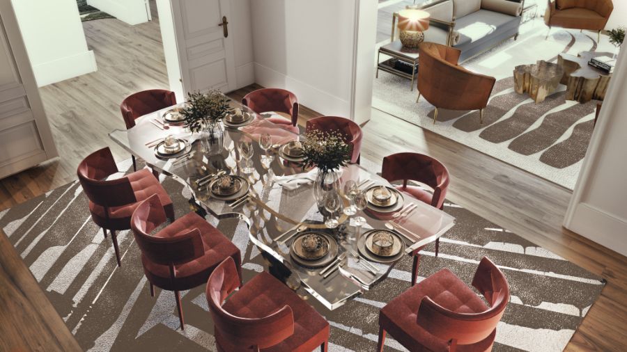 dorian dining room, red velvet dining chair, gold rectangular brass suspension light, black and white dining rug, brass rectangular mirror dorian dining room Dorian Dining Room: A Beautiful, Young & Timeless Design Inspiration Dorian Dining Room A Beautiful Young Timeless Design Inspiration 3