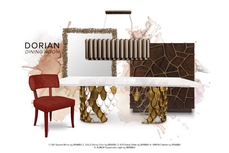 dorian dining room, red velvet dining chair, gold rectangular brass suspension light, black and white dining rug, brass rectangular mirror dorian dining room Dorian Dining Room: A Beautiful, Young & Timeless Design Inspiration Dorian Dining Room A Beautiful Young Timeless Design Inspiration 4