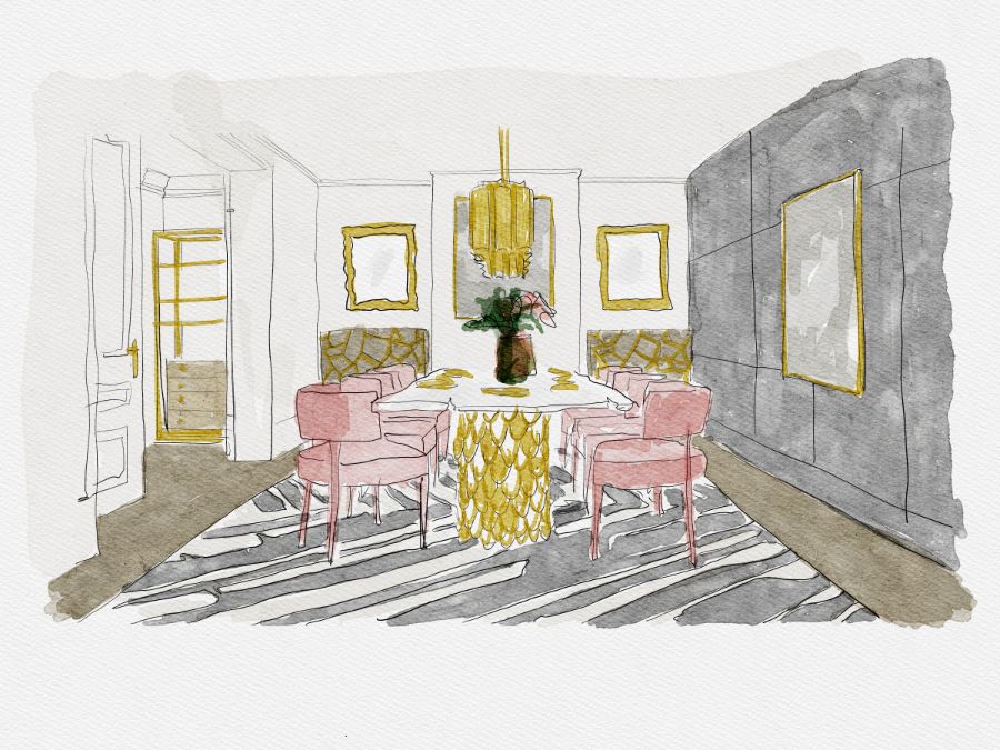 dorian dining room, red velvet dining chair, gold rectangular brass suspension light, black and white dining rug, brass rectangular mirror dorian dining room Dorian Dining Room: A Beautiful, Young & Timeless Design Inspiration Dorian Dining Room A Beautiful Young Timeless Design Inspiration 5