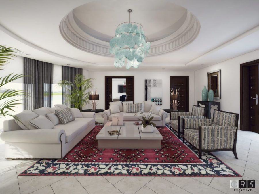 white sofas, white cushions, geometric armchairs, red and blue rug, white center table, decorative elements euroamykasa Euroamykasa Inspiring Interiors Euroamykasa Inspiring Interiors1 2