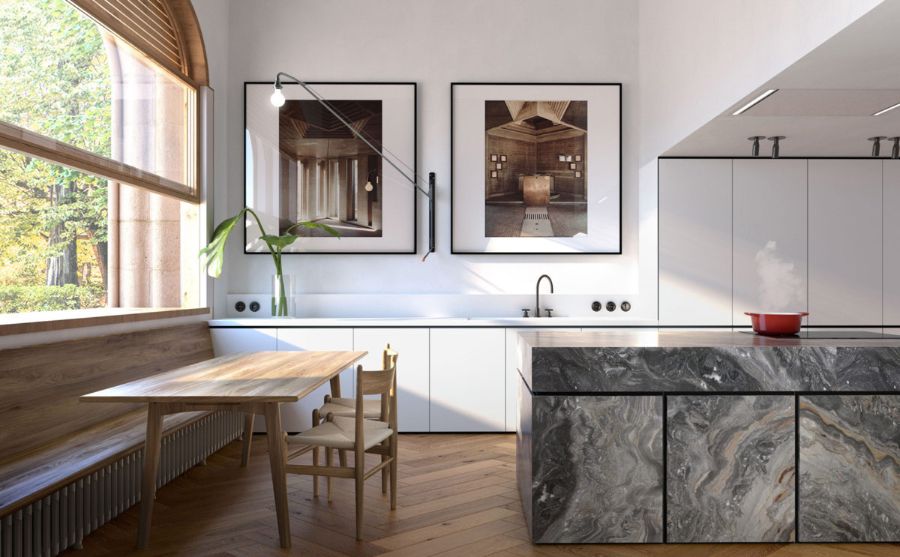 wooden kitchen table, bench, dining chairs, marble kitchen bar, white sink, plant mesura Mesura: Get Inspired With Innovative Interior Designs Get Inspired By Mesura Innovative Interior Designs1 11 1