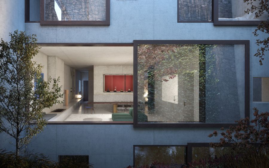 rectangular window, green sofa, dining table, dining chairs, tree mesura Mesura: Get Inspired With Innovative Interior Designs Get Inspired By Mesura Innovative Interior Designs1 16 1