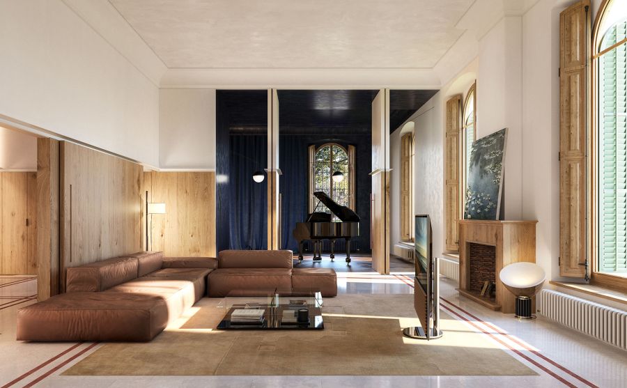 brown sofa, TV, glass center table, black piano, fireplace mesura Mesura: Get Inspired With Innovative Interior Designs Get Inspired By Mesura Innovative Interior Designs1 9 1