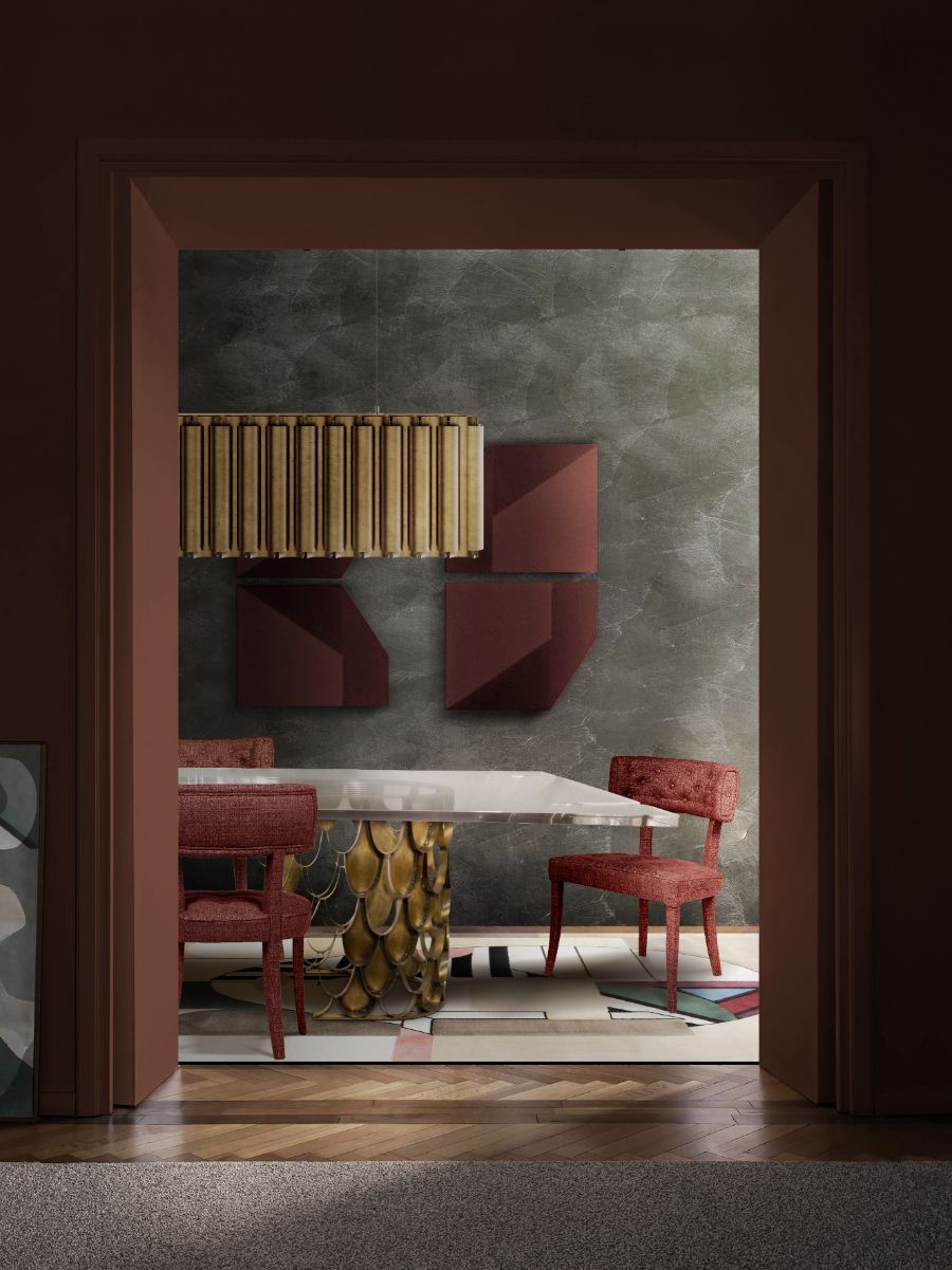 modern midcentury dining room with red velvet dining chairs and rectangular dining table modern dining room Modern Dining Room: Rectangular Dining Tables & Velvet Dining Chairs Modern Dining Room Ideas Rectangular Dining Table and Velvet Dining Chairs 3
