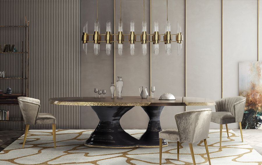 modern dining room with grey velvet dining chairs and wood rectangular dining table modern dining room Modern Dining Room: Rectangular Dining Tables & Velvet Dining Chairs Modern Dining Room Ideas Rectangular Dining Table and Velvet Dining Chairs 4