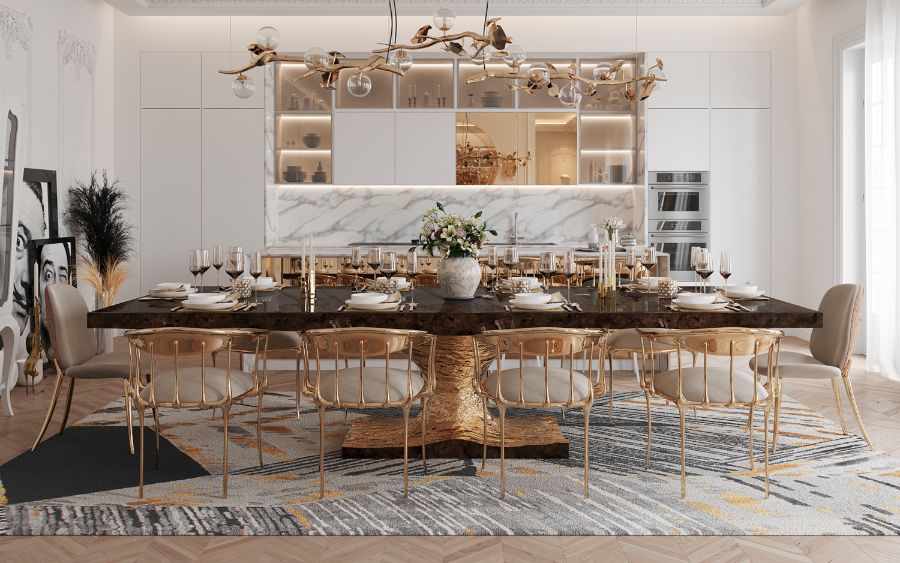 modern classic dining room with rectangular wood dining table and beige velvet dining chairs modern dining room Modern Dining Room: Rectangular Dining Tables & Velvet Dining Chairs Modern Dining Room Ideas Rectangular Dining Table and Velvet Dining Chairs 7