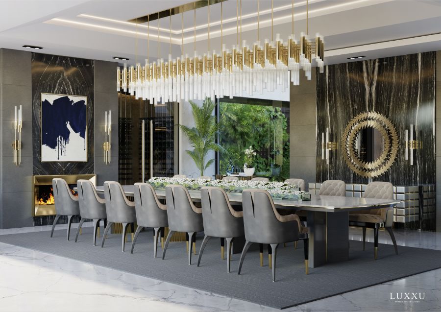 modern contemporary dining room with grey velvet dining chairs and modern lighting modern dining room Modern Dining Room: Rectangular Dining Tables & Velvet Dining Chairs Modern Dining Room Ideas Rectangular Dining Table and Velvet Dining Chairs 8