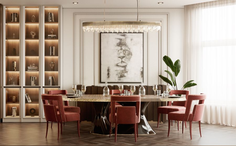 modern midcentury dining room with oval wood dining table and red dining chairs modern dining room tables Modern Dining Room Tables for Your Modern Midcentury Dining Room Design Modern Dining Room Tables for Your Modern Midcentury Dining Room Design 1