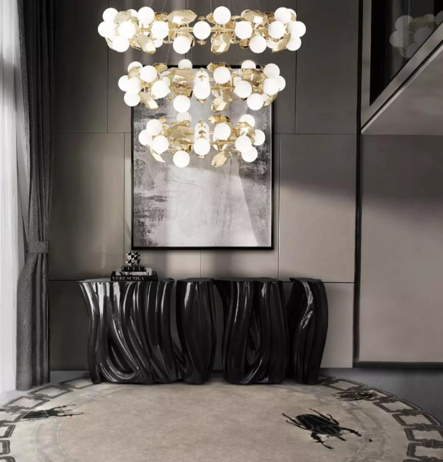 black elegant living room console open space modern living room Open Space Modern Living Room Decor for a Trendy Design Open Space Modern Living Room Decor for a Trendy Design 2