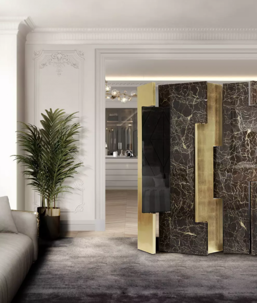 modern black and golden living room design open space modern living room Open Space Modern Living Room Decor for a Trendy Design Open Space Modern Living Room Decor for a Trendy Design 3 869x1024