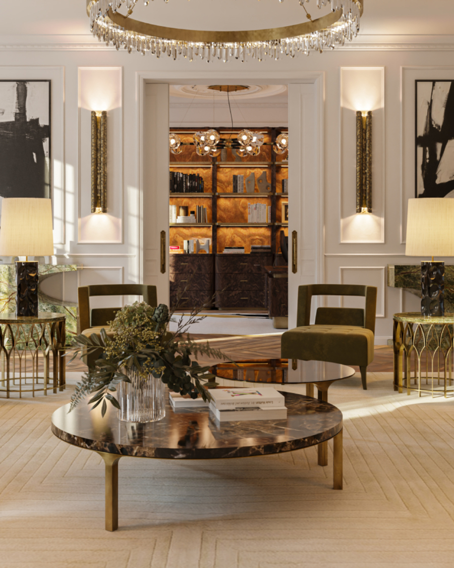 Zen Interiors, living room, green velvet armchair, green armchair, velvet armchair, wood brass center table, brass center table, wood center table, brass side table, brass wall lights. zen interiors Zen Interiors – Best Interior Design Projects Webp