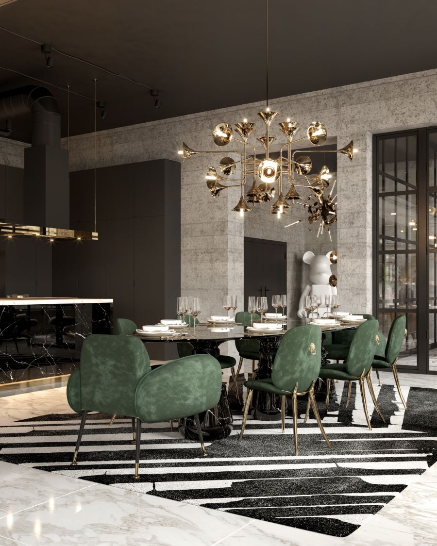 modern classic dining room design with black marble dining table and green dining chairs astonishingly interior design styles Astonishingly Interior Design Styles To Upgrade Your Dining Room Astonishingly Interior Design Styles To Upgrade Your Dining Room 7