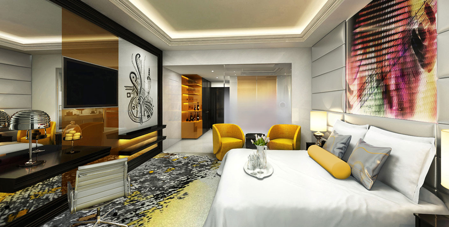 Sophisticated bedroom with gold  details completed with a set of yellow velvet upholstery.  hba HBA – The Best Interior Design Projects in Dubai HBA5
