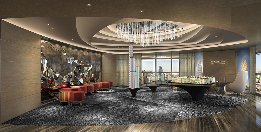 Open ceiling entry hall with custom made red upholstery and dark wood tables. hba HBA – The Best Interior Design Projects in Dubai HBA7